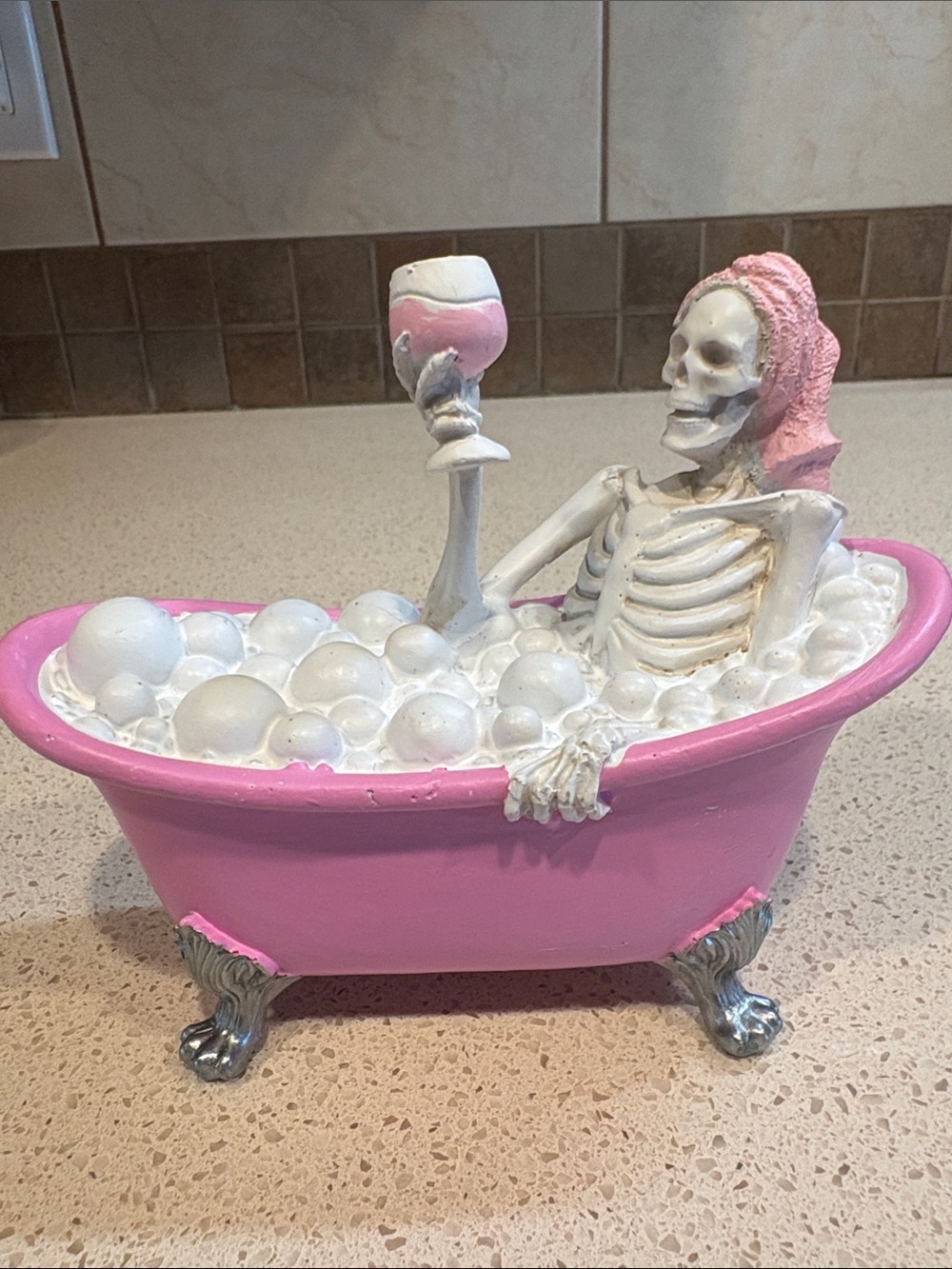 Halloween Decor NWT Skeleton In Bubble Bath Sipping Wine